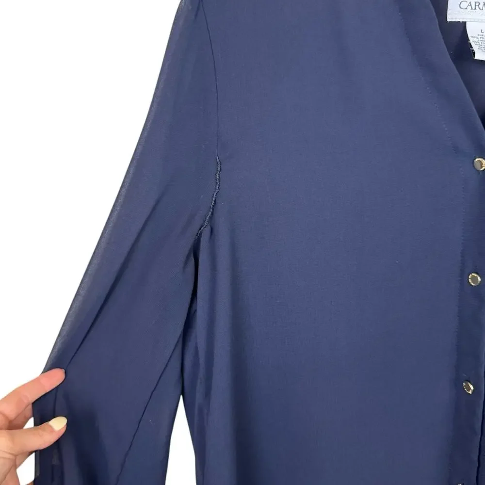 Carmen Marc Valvo Navy Sheer Chiffon Long Sleeve Button Up Business Blouse - Picture 10 of 13